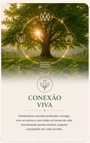 Conexão Viva apresentando a grande árvore ao por do sol com  pessoas, animais e natureza.