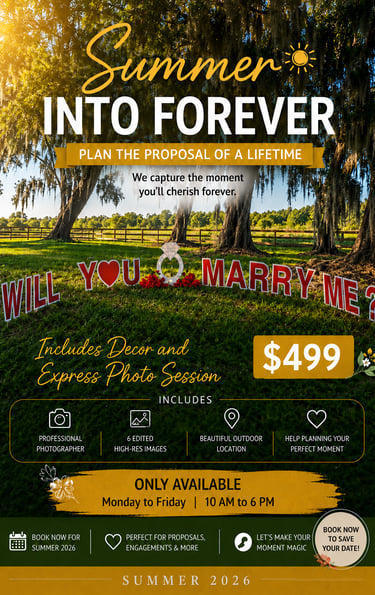 Outdoor summer proposal package featuring a 'Will You Marry Me?' yard sign and professional photography services.