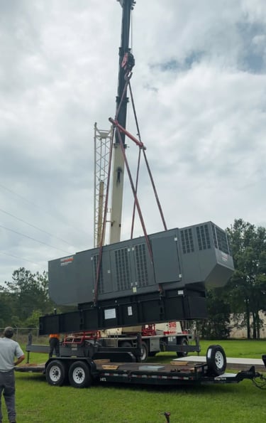 Techs using a crane to lift a 500kw standby industrial generac generator