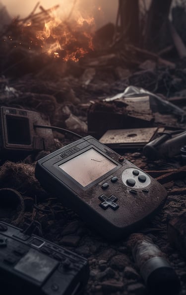 Console Game Boy rovinata e fusa dopo un bombardamento