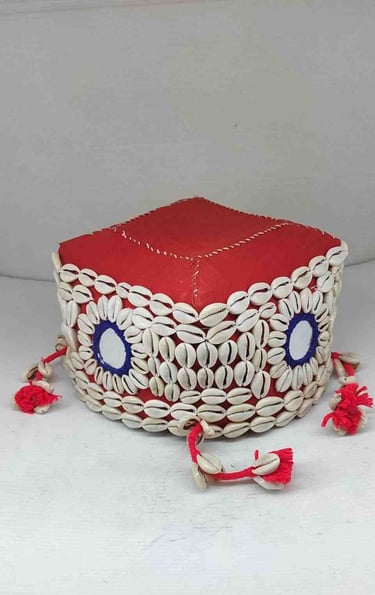 "Bamboo basket with red textile wrap, ornamental shell design, and artificial flower–Export-grade"