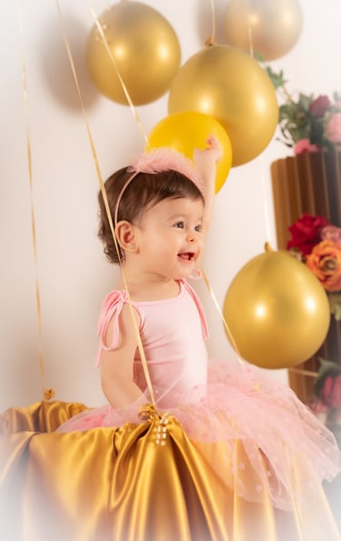 a baby girl in a pink dress and a crown crown