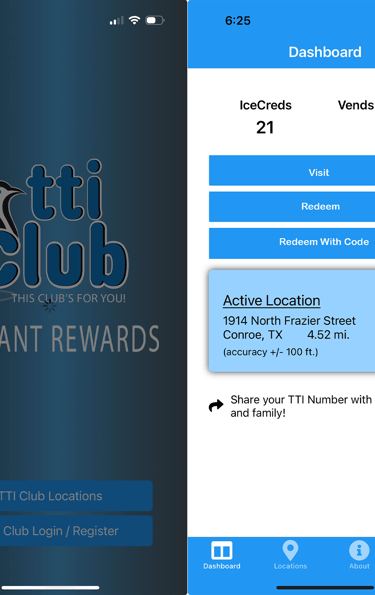 TTI Club app interface for tracking ice rewards