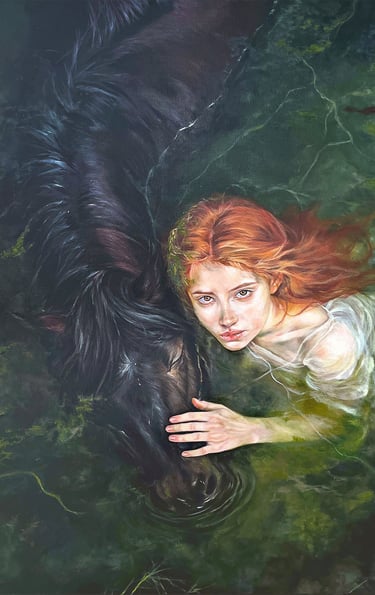 Ethereal painting of a redhead woman in a white dress wading in dark water with a black horse.