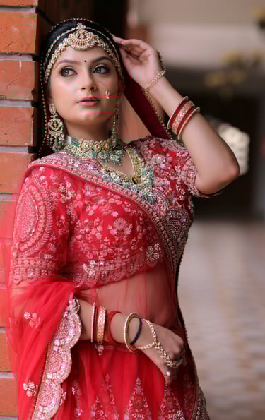 “Gorgeous traditional bride in red saree style lehenga, adorned with kundan jewelry, maang tikka, 