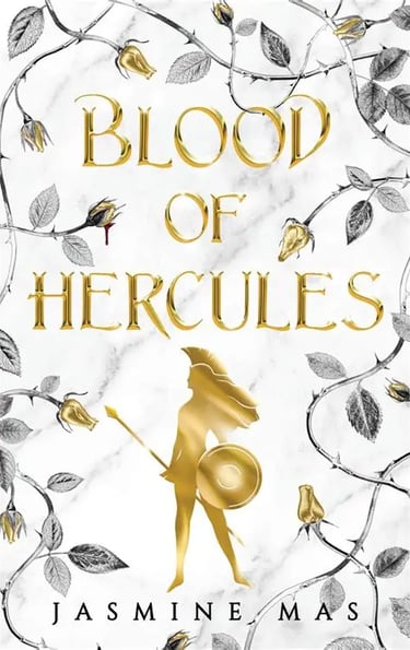 Stylized book cover of Blood of Hercules by Jasmine Mas, featuring a dramatic, myth-inspired design