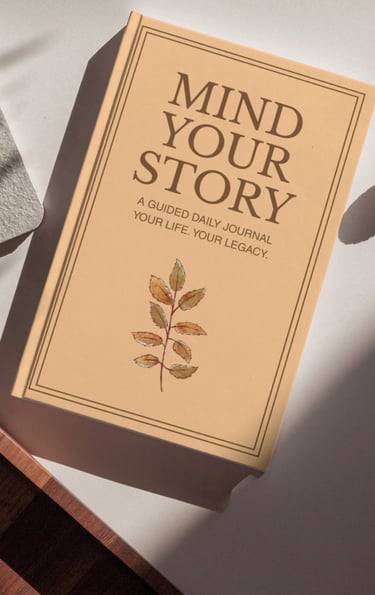 Mind Your Story guided daily journal with an autumn leaf illustration on a tan cover.