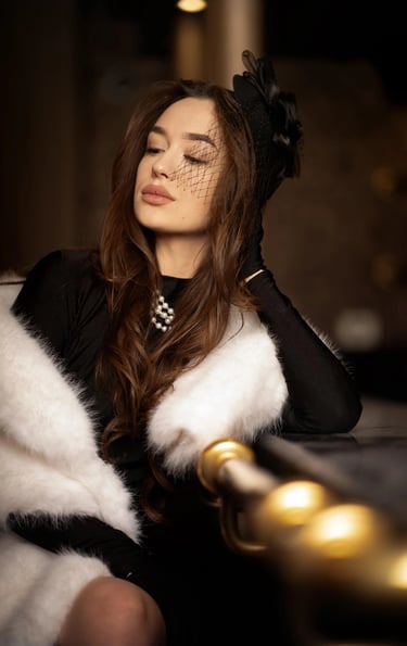 Old Hollywood style portrait photo of a women in white fury coat, gloves and pearl, with full lips