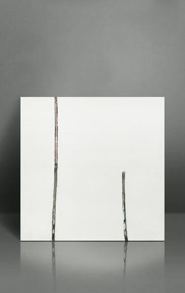 Minimalist white abstract painting with two vertical textured lines on a grey background.
