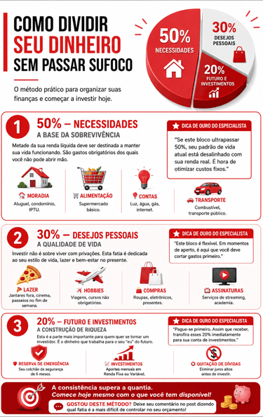 Infográfico da regra 50/30/20 com divisão do orçamento entre necessidades, desejos e investimentos