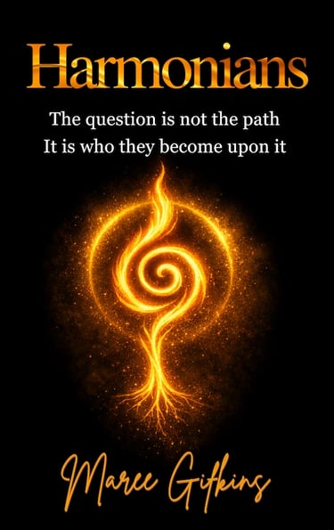 Harmonians book cover with a glowing golden spiral flame