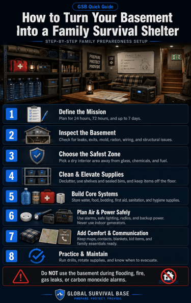 Infographic showing eight steps to turn a basement into a family survival shelter with emergency supplies and preparedness