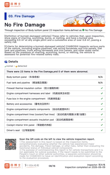 Comprehensive fire and structural damage inspection report for exported cars