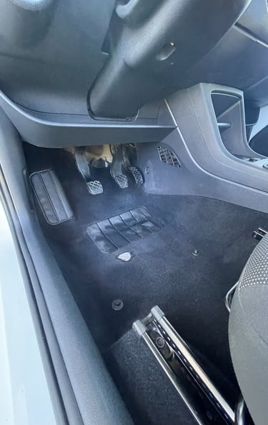 Avant nettoyage intérieur automobile – moquette côté conducteur et pédales