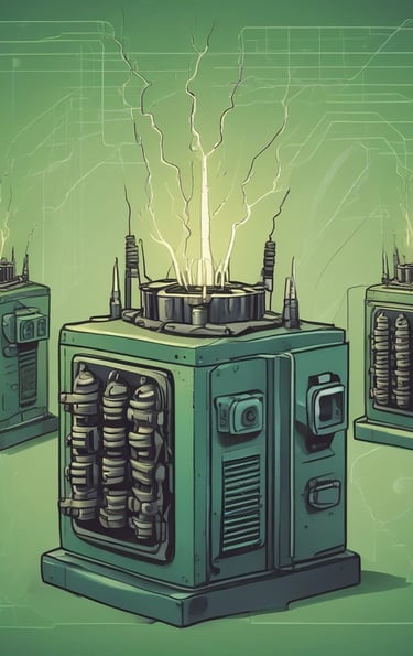 A sleek industrial transformer unit illuminated with steel-green lighting against a dark, textured background.