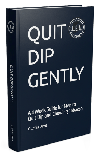 Quit Dip Gently book cover, a 4-week guide for men to quit dip and chewing tobacco by Guzalia Davis.