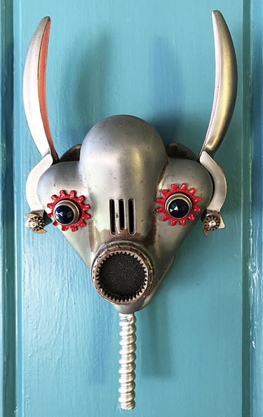 Assemblage robot head named Bunny built by artist Tal Avitzur.