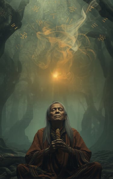 A mystical shaman meditating in the forest with runes and magic smoke.