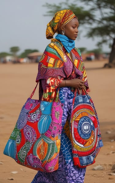 A person wearing a vibrant yellow and brown patterned traditional outfit, including a headwrap and matching dress. They are holding a brown handbag with gold chain details. The background is a solid light blue, and the person is accessorized with gold jewelry, including earrings and a necklace.