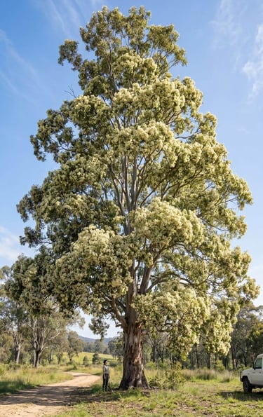 a giant yellow box tree in full bloom