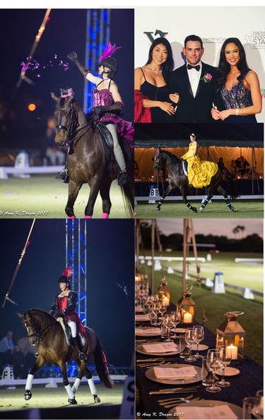 A collage of dressage riders and horses performing under the lights