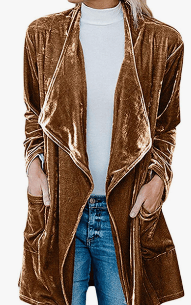 futurino Women's Solid Long Sleeve Velvet Jacket Open Front Cardigan Coat with Pockets Outerwear