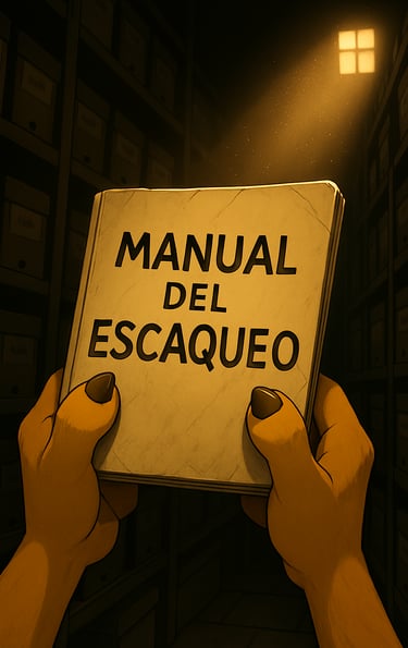 Unas patas de perro sostienen un viejo libro titulado 'MANUAL DEL ESCAQUEO' en un archivo oscuro, il