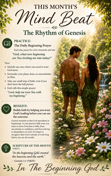 “Poster for This Month’s Mind Beat: The Rhythm of Genesis with a garden scene and scripture”