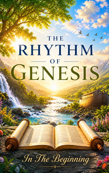 Devotional image for The Rhythm of Genesis with a sunrise valley, waterfall, scroll, and ark”