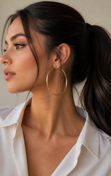 A woman with a wavy ponytail wearing large gold hoop earrings
