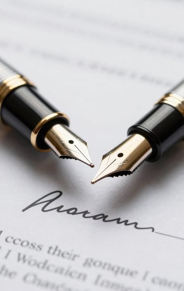 Macro close-up of a fountain pen resting on a clean signature line of a mortgage document, bright daylight, shallow depth of field, professional legal environment.