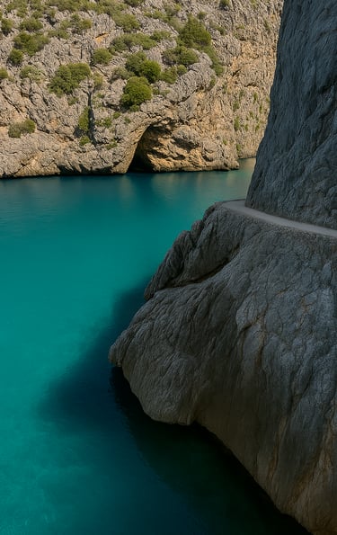 Vista de Sa Calobra y Torrent de Pareis en Mallorca, con acantilados imponentes y aguas turquesas – Maiorca Unlocked.