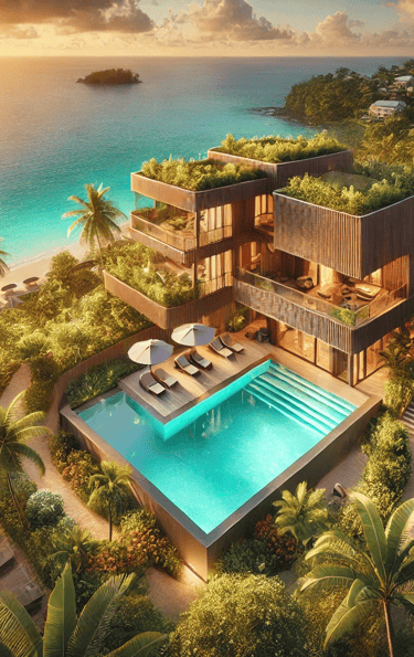 Vue aérienne d'un complexe hôtelier haut de gamme niché dans un jardin tropical luxuriant avec piscine, construit en bois dur