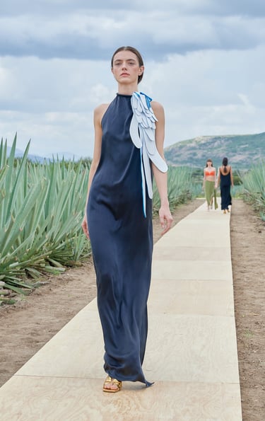 a woman in a blue dress walking down a path