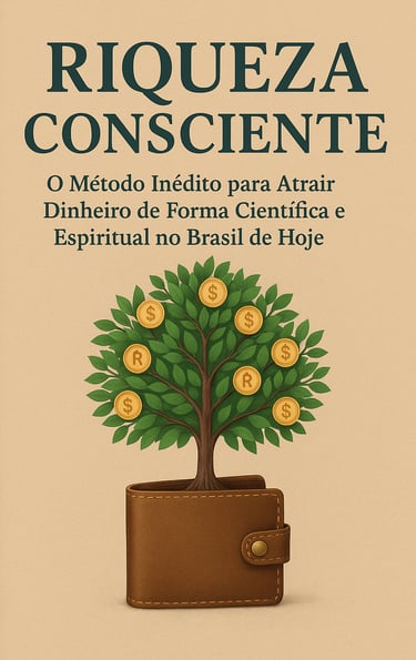 Capa do e-book "Riqueza Consciente" com ilustração de uma árvore de moedas crescendo em uma carteira