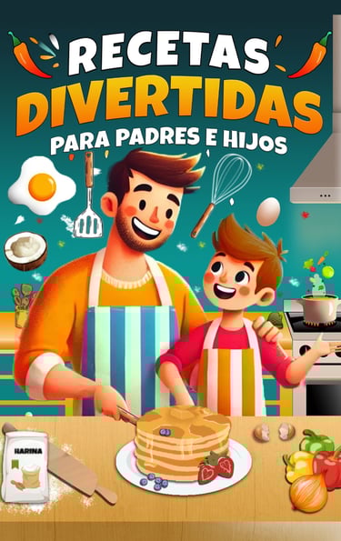 Portada del libro 'Recetas divertidas para padres e hijos', con ilustraciones de un padre y un niño 