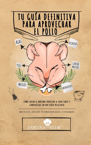Portada del libro 'Tu guía definitiva para aprovechar el pollo', con ilustración de un pollo y utens