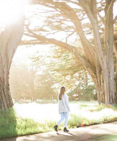 Person walking away on a forest path with sunlight streaming through tall trees.