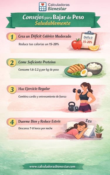 Infografía sobre déficit calórico, proteína y hábitos para bajar de peso en mujeres