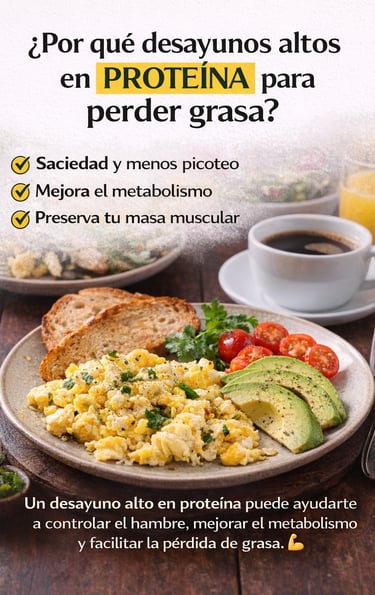 Desayuno alto en proteína con huevos revueltos, aguacate y tostada integral que ayuda a mejorar la s