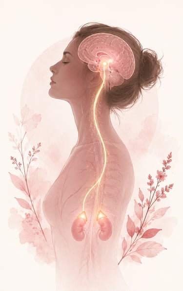 Ilustración minimalista del eje HPA y salud hormonal femenina en tonos rosa y nude.