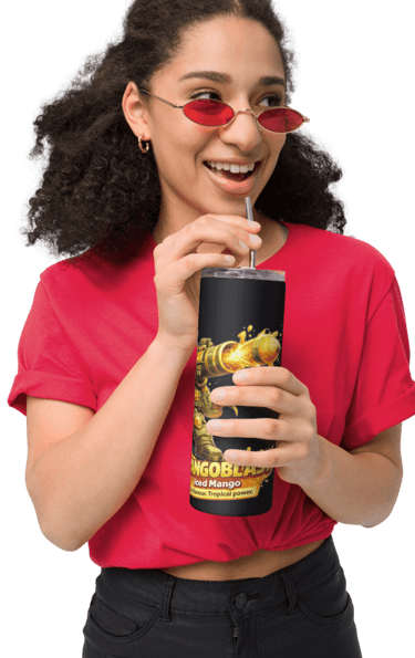 woman holding branded travel mug drinking from straw