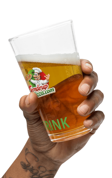 Terbdrup Pizza branded pint glass held in hand with amber drink showing restaurant logo on custom hospitality drinkware