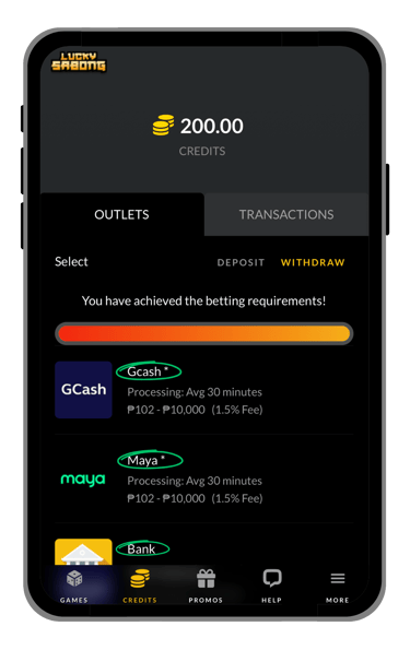 goperya withdrawal options screen