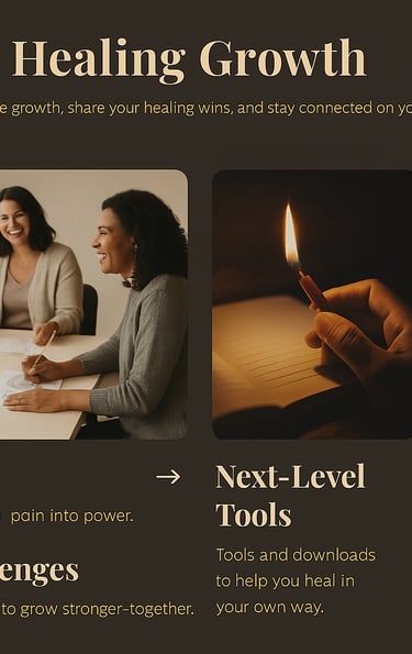 Healing Growth section with four images: group in an art session, journaling hand, phone tools, and