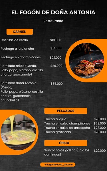 Menú de Carnes y pescados en el Restaurante El Fogón de Doña Antonia