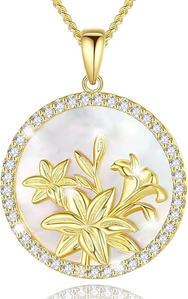 Birth Flower Necklace. Genuine Mother of Pearl CZ Round Disc Pendant Necklace in Sterling Silver