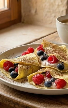 Light coconut crêpes made with coconut flour and almond milk — healthy, dairy-free breakfast.