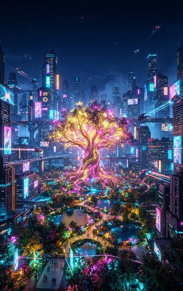 Wide panoramic futuristic mega-city at night, neon signs and holographic billboards, central park with a large bioluminescent tree of life glowing gold and magenta, energy pulsing from roots to limbs. Vibrant 3D digital art, high-contrast neon bioluminescence, deep midnight blue and magenta, octane render, cinematic scale.