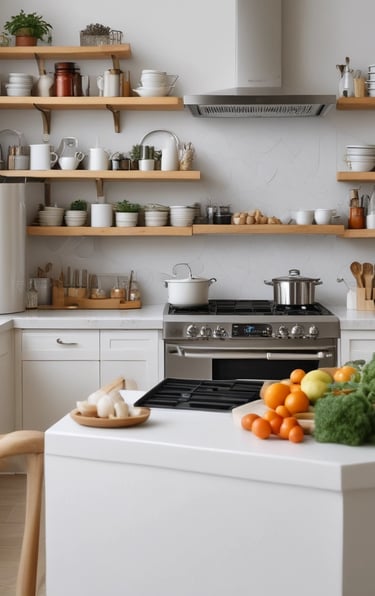 A warm kitchen scene with a chef guiding a small group through a cooking lesson, fresh ingredients spread out on the counter.